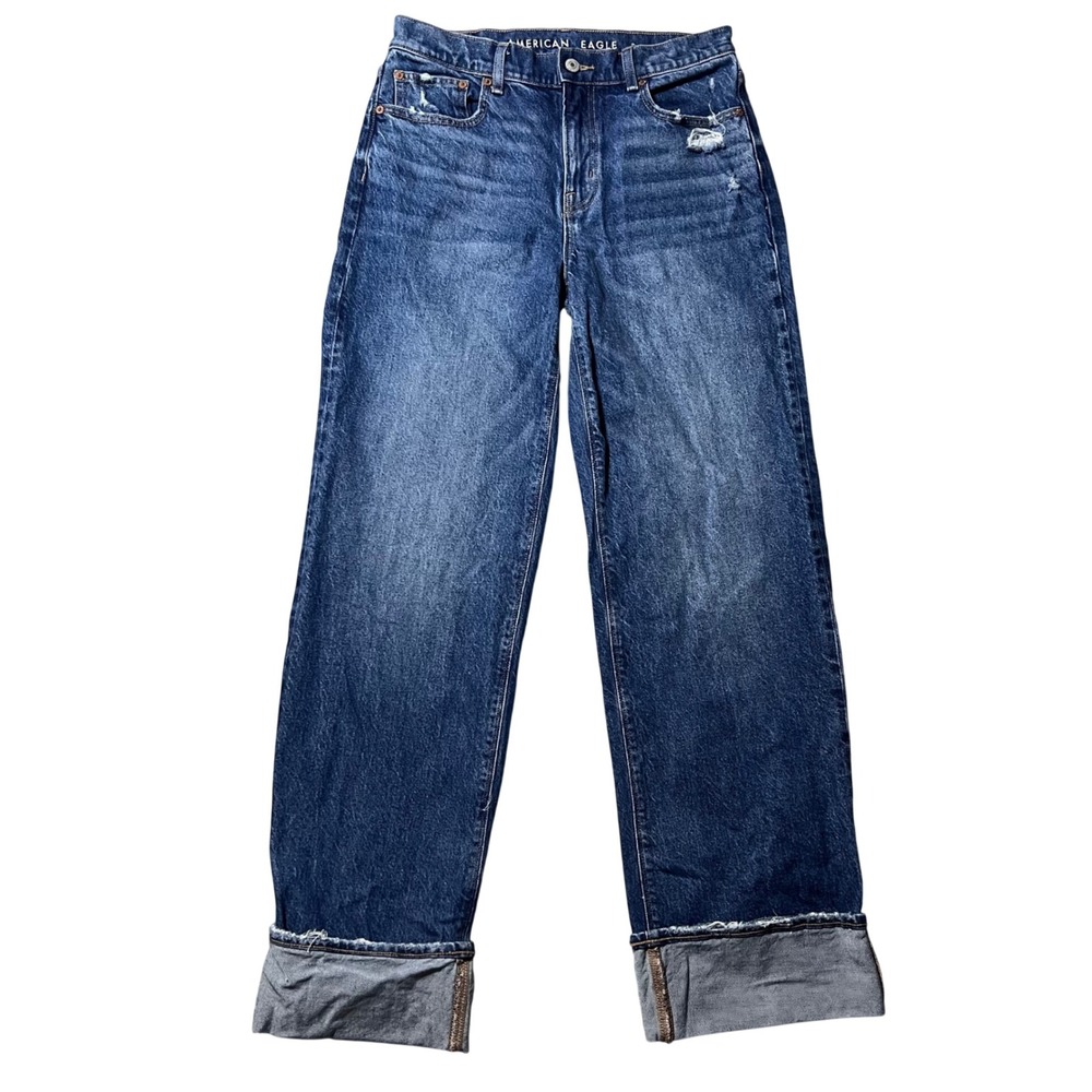 American Eagle Stovepipe High Rise Jeans 4 Reg Blue Distressed Cuffed Stretch